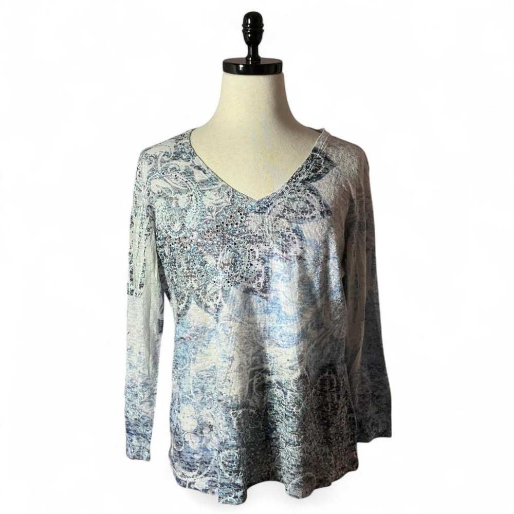 Y2K Kiara Aqua Blue Patterned Rhinestone V Neck Long Sleeve Top Women XXL Grunge